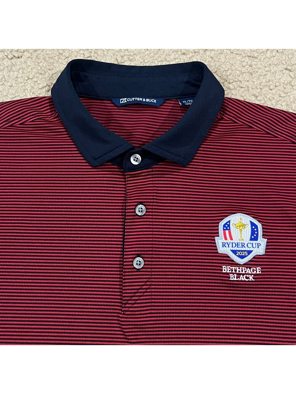 Cutter & Buck Ryder Cup Bethpage Black 2025 Polo Shirt Red Blue Stripe Size XL